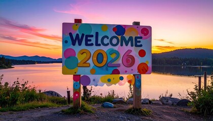 Colorful Welcome 2026 Sign Overlooking Lake at Sunset With Dramatic Sky