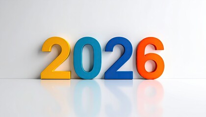 Colorful Year 2026 Text Numbers In Gold Blue And Orange Colors Displayed On A Reflective White Surface With A Soft Shadow And White Background
