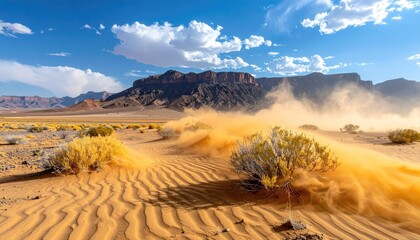 Desert landscape with wind blowing sand across textured dunes under a bright blue sky with scattered clouds and arid vegetation in the distance.
