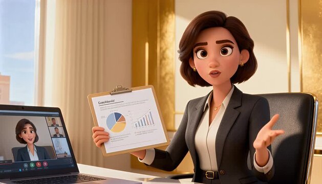 Animated businesswoman conducting video conference presentation - Powered by Adobe