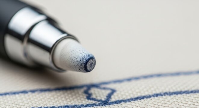 Close-up of a pen's eraser head, showing ink residue on the tip and a faint blue line on fabric. Details reveal the metal ferrule and pen body's sleek design