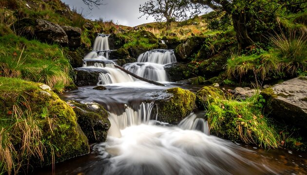 A cascading stream rushes over moss-covered rocks in a lush, green landscape under a cloudy sky. Long exposure creates silky water effect