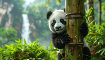 Obraz premium Panda Cub Embracing Bamboo in Lush Habitat