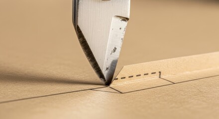 Close-up view of a metal craft knife cutting precisely along a dotted line on brown paper. The blade is angled, creating a clean, defined cut. Shadows and light create depth