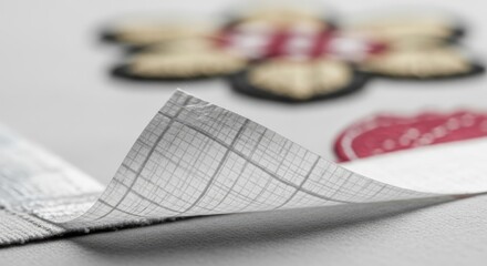 Close-up of a curled paper edge with a subtle grid pattern, partially obscuring a floral-shaped design. Shallow depth of field blurs the background