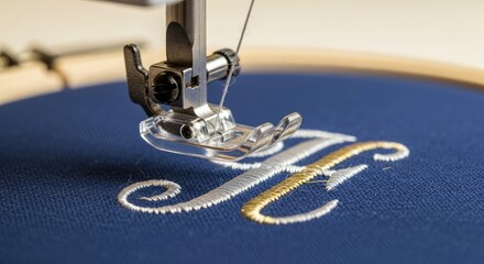 Close-up of a sewing machine needle meticulously embroidering a personalized monogram onto navy fabric stretched within a wooden hoop, highlighting the precision of the craft