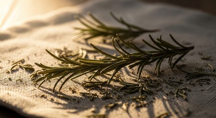Sprigs of rosemary with delicate needles on a textured, off-white cloth, illuminated by sunlight