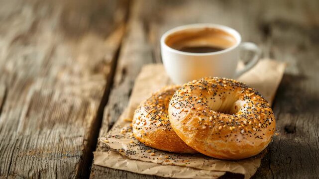 Two bagels covered with seeds next to cup of coffee on rustic wooden table