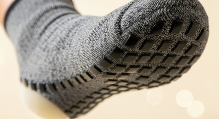 Close-up of a grey sock with textured, non-slip rubber soles. The sock is worn on a foot, with focus on the sole's grip pattern against a soft background