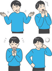 驚いたり考えていたり私服の若い男性の表情とポーズのセット