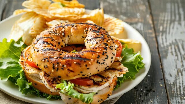 Grilled chicken sandwich with lettuce and tomato on bagel sesame seeds side of chips