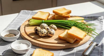 A kitchen still life showcases breakfast ingredients toasted bread, chives, quail eggs, salt, pepper, a knife, and a wooden cutting board, bathed in sunlight on a checkered cloth