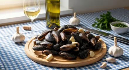 Fototapeta premium A wooden platter overflows with cooked mussels, accompanied by wine, garlic, fresh parsley, and a knife on a blue checkered cloth, near a window. Sunlight casts shadows