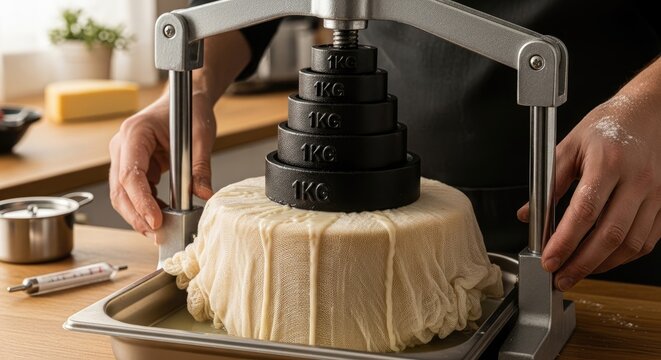 A person presses a soft, cloth-wrapped food item with weights using a specialized tool. The scene suggests culinary creation. A thermometer and other equipment are nearby