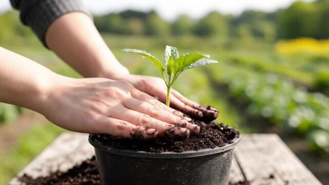 Persons hands carefully planting a small green seedling into dark soil in a black pot outdoors