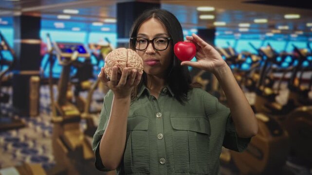 Woman holds model brain in left hand and red heart toy in right hand in gym building, posing with neutral expression; mind versus choice contemplation.