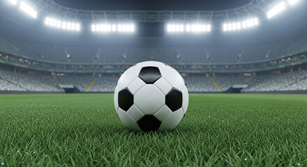 Obraz premium Soccer Ball on Green Grass Pitch in Stadium under Bright Floodlights