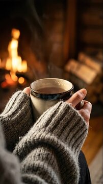 Close-up of hands holding a steaming mug of hot tea in front of a fireplace. Person wearing a grey knitted sweater enjoying a warm drink in a cozy cabin. Winter comfort and hygge concept
