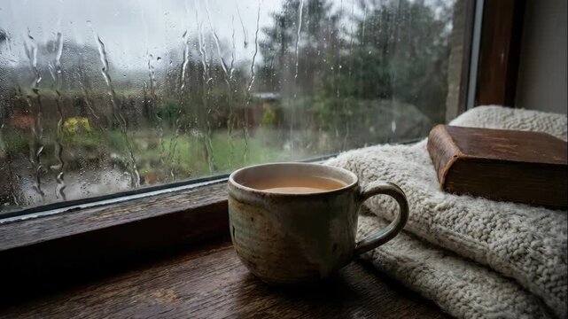 Steaming cup of tea on a wooden windowsill next to a vintage book and knitted blanket. Raindrops falling on the window pane with a garden view. Cozy autumn or winter reading concept