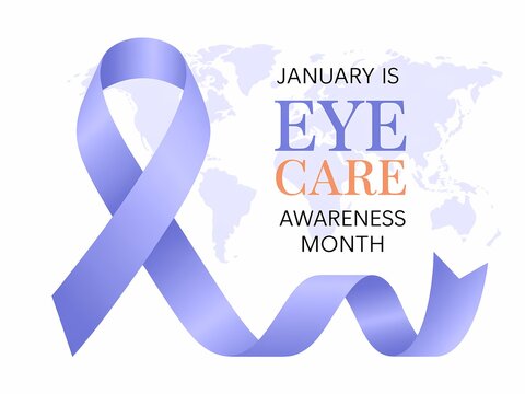 January is eye care awareness month with a purple awareness ribbon and world map background