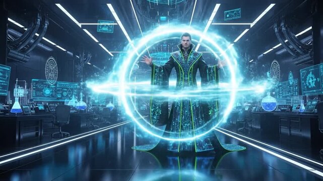 Mystical Scientist's Ritual A Digital Wizard in a High-Tech Laboratory Performing Magic with Energy