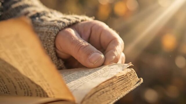 Close-up of elderly hands turning a page of an old vintage book in golden autumn sunlight. Senior person reading outdoors with floating dust particles. Nostalgia and wisdom concept
