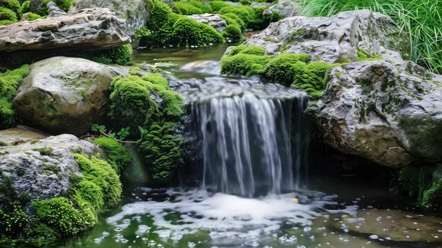 Small waterfall flowing over mossy rocks into pond