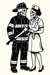 Skeleton Firefighter and Nurse Couple Vector Illustration