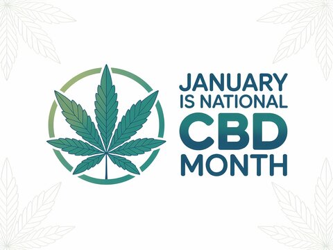 January is national cbd month graphic featuring a cannabis leaf emblem and text