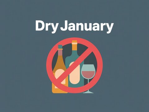 Dry january graphic featuring bottles of alcohol and a wine glass with a prohibition symbol