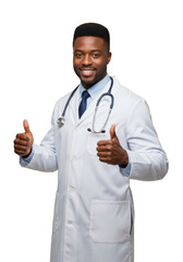 Fototapeta premium Smiling african american physician wearing a white lab coat and stethoscope gives two thumbs up gesture of approval and confidence