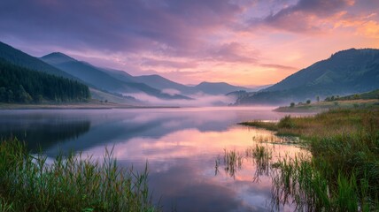Misty summer sunrise over lacu roșu lake in harghita county, romania, dramatic morning landscape with foggy reflections and serene nature scenery in eastern europe