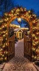 Fototapeta premium Illuminated archway leading to a house decorated with christmas lights in a winter wonderland scene