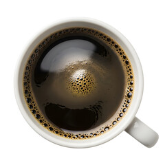 Top down view of a full cup of hot black coffee or espresso in a white mug, isolated on a white background