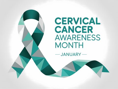 Teal and white geometric ribbon symbolizing cervical cancer awareness month in january