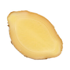 A vibrant, freshly cut slice of organic ginger root, showcasing its yellow texture and natural fibers, isolated on a pristine white background for versatile culinary and health-related design projects