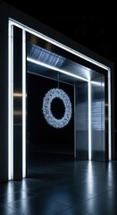 Illuminated wreath hanging in a modern doorway with reflective floor at night time scene outdoors
