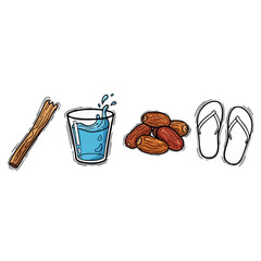 Essential Ramadan Elements Dates, Water, Slippers and Stick, Symbolizing Fasting and Reflection, Icons