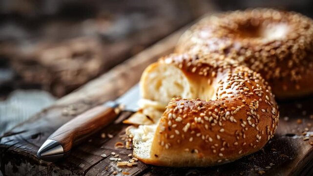 Freshly baked sesame-seed bread roll on wooden board with knife