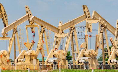 Oil well pump jacks are working to pump crude oil out of the crude oil well.