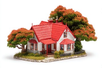 Miniature charming house with red roof and trees