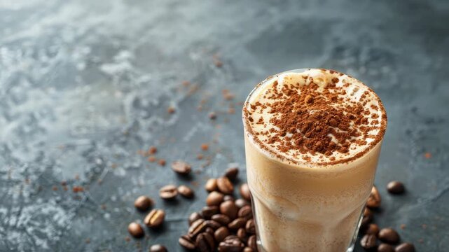 Iced coffee with whipped cream and cocoa powder, surrounded by beans