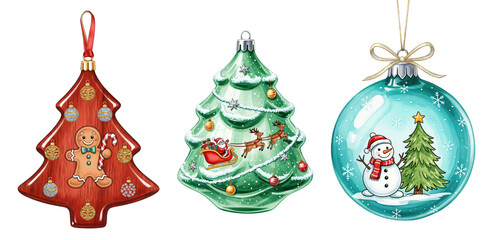 Collection of three festive Christmas tree ornaments featuring a gingerbread man, Santa Claus with reindeer, and a snowman with a Christmas tree, isolated on transparent background