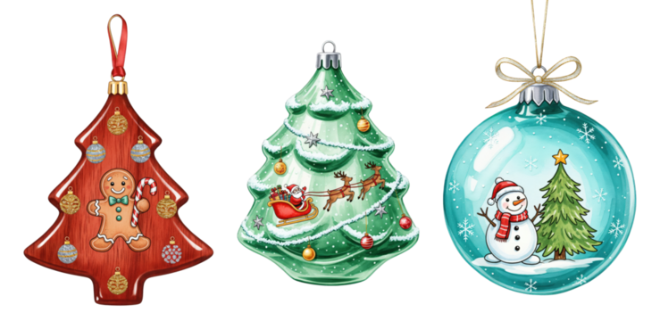 Collection of three festive Christmas tree ornaments featuring a gingerbread man, Santa Claus with reindeer, and a snowman with a Christmas tree, isolated on transparent background