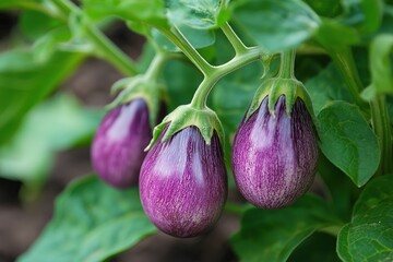 Eggplants purple eggplants hanging on the plant with green leaves growing in an organic vegetable garden for fresh produce concepts.