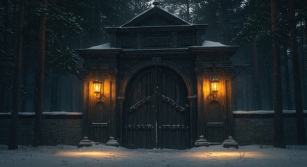 A snowy gate with glowing lanterns in a dark forest on a cold winter night with snow covered trees