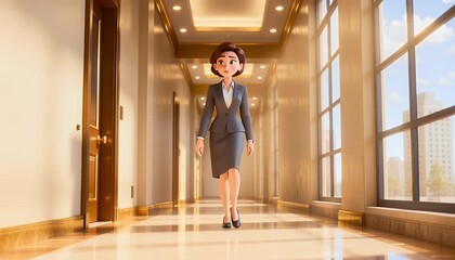 Animated professional woman walking down corridor office building - Powered by Adobe