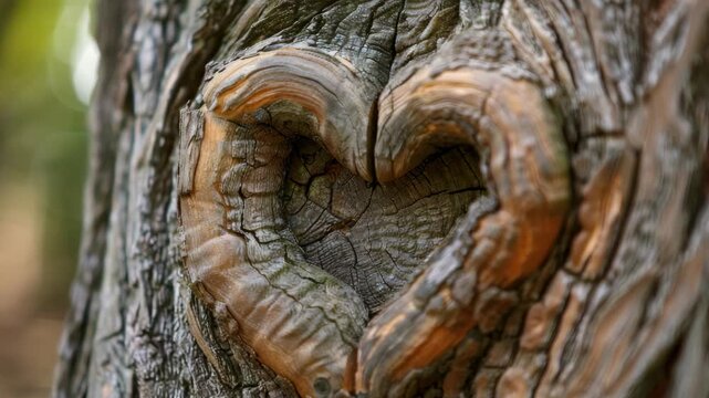 Close-up of heart shape carved into tree trunk, symbolizing love