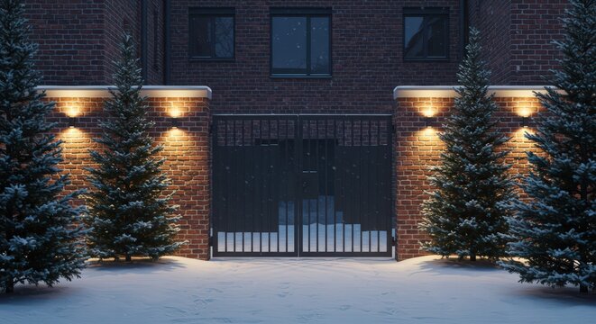 Illuminated brick pillars flank a closed gate in winter with christmas trees and falling snow outside home