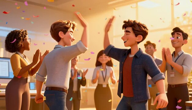 Animated team celebrating success in modern office setting